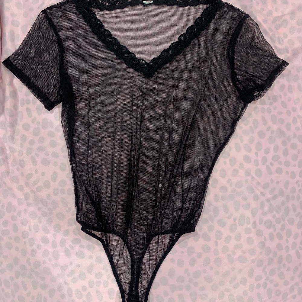Black Lace Trim Sheer Bodysuit
